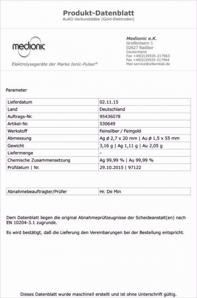 Gold Elektroden Stäbe massiv für Ionic-Pulser® inkl. Medizinflasche 500 ml, Sprühflasche 100 ml und Messbecher 30 ml